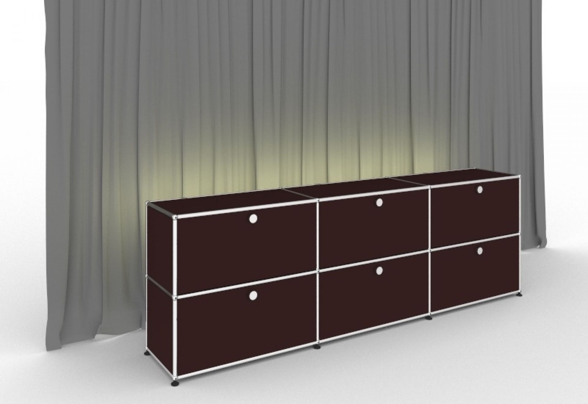 Braunes USM Haller Sideboard mit Beleuchtung und sechs Klapptüren. Modernes Designmöbel für Wohnraum.
