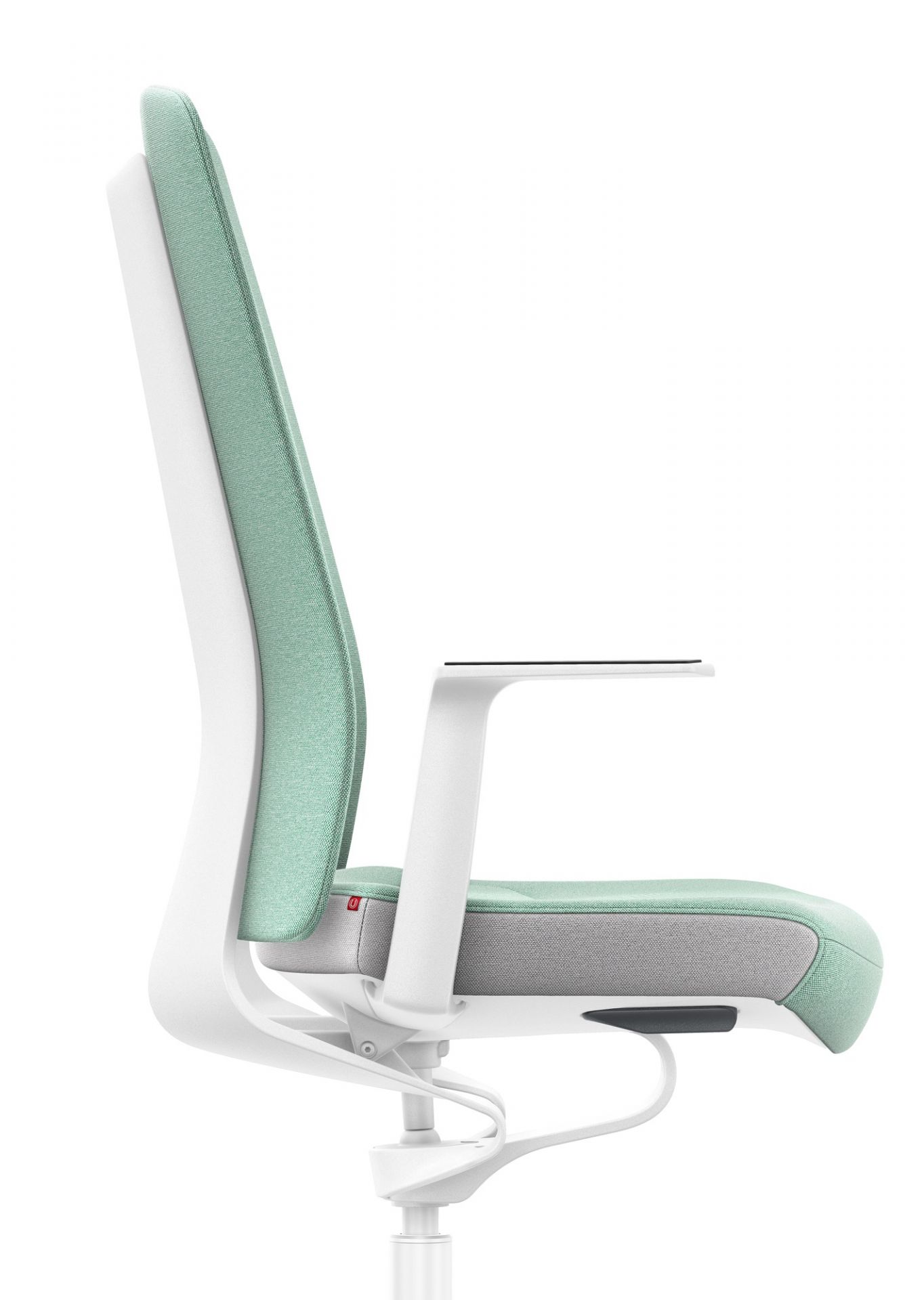 Pure Edition Bürostuhl Interstuhl, türkiser Stoffbezug, weiße Armlehnen, ergonomischer Drehstuhl für modernes Büro.