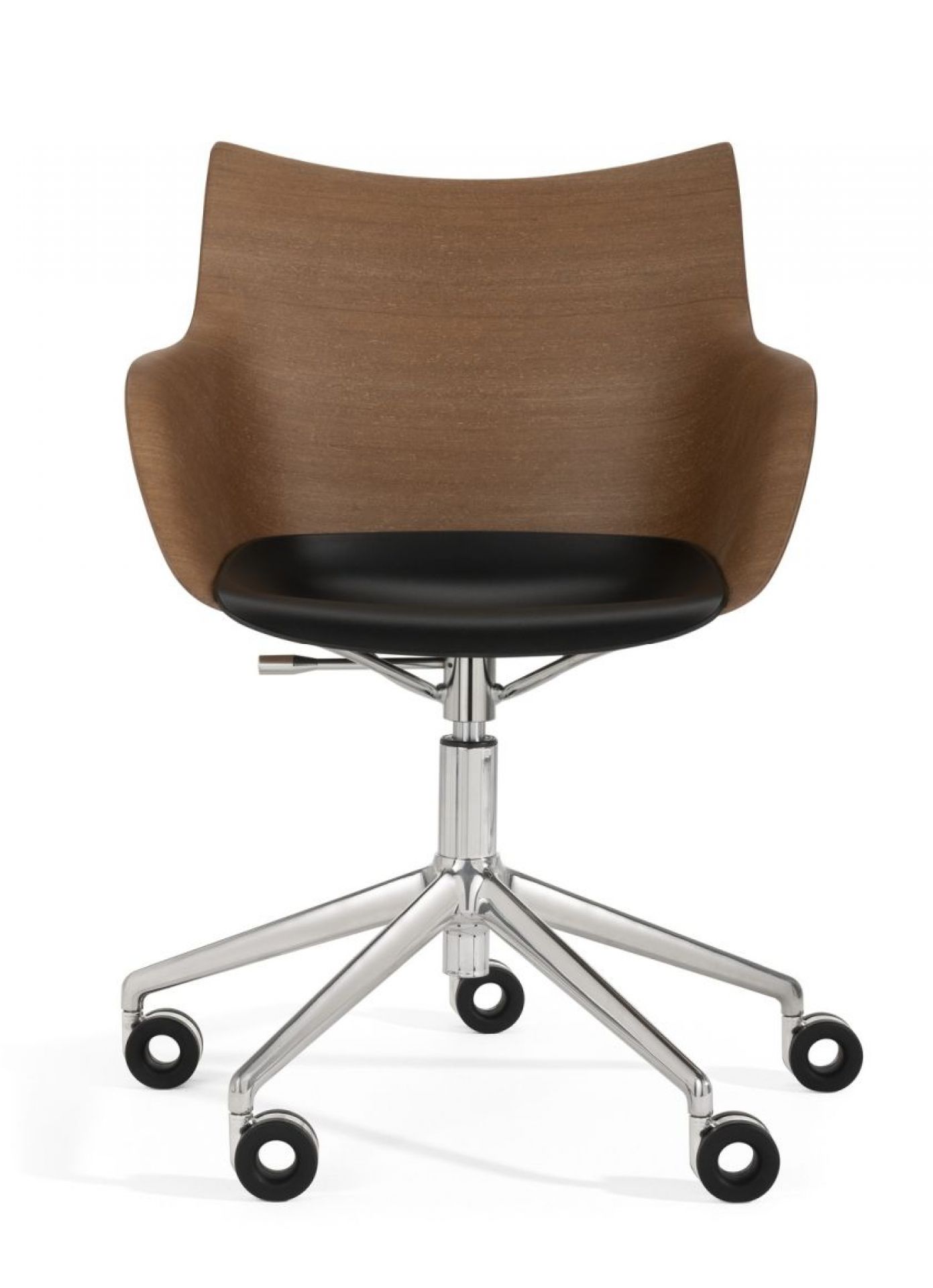 Q/Wood Drehstuhl mit dunklem Holz, schwarzem Sitz und verchromtem Rahmen auf Rollen.