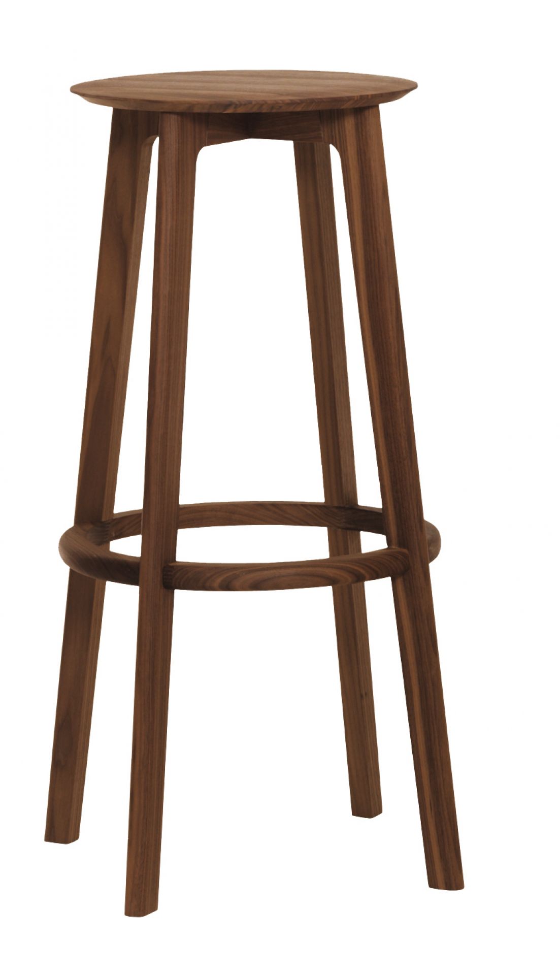 Bild eines 80 cm hohen Barhockers aus amerikanischem Nussbaumholz mit runder Sitzfläche.