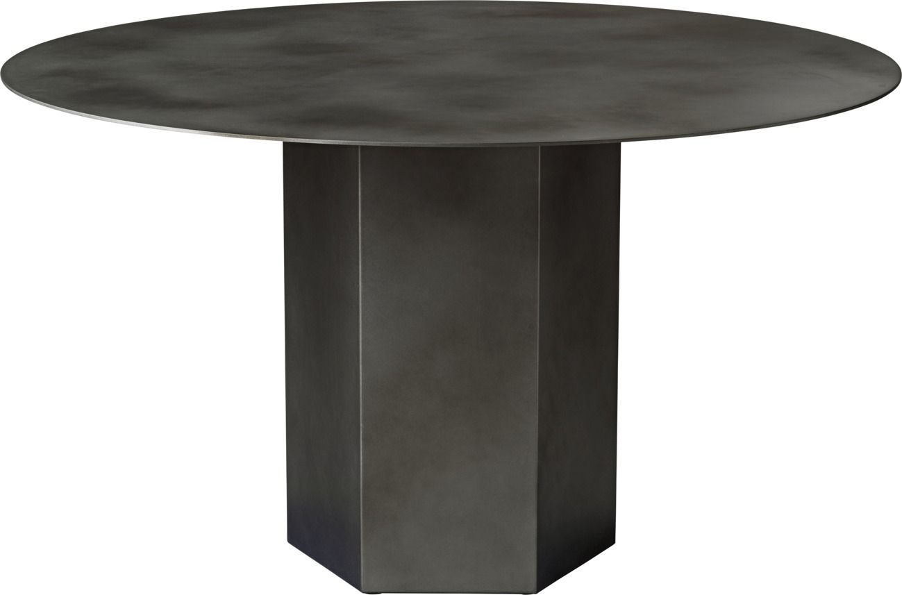 Runder Esstisch "Epic" von Gubi in Misty Gray Stahl mit massivem Sockel.