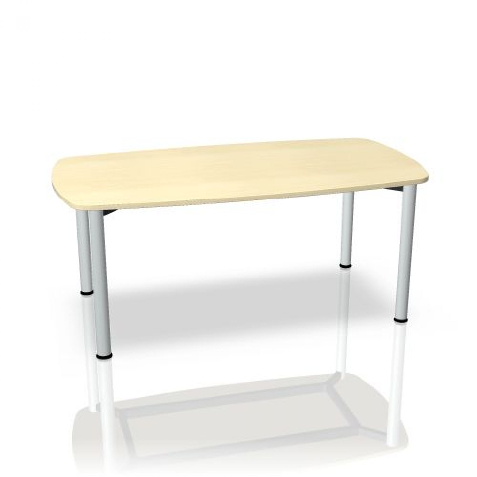 Systo Tec Konferenztisch von Palmberg, Ellipsenförmige Tischplatte mit hellen Holzdekor und silbernen Tischbeinen.