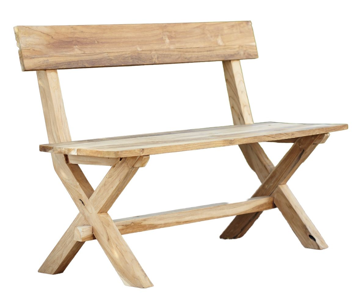 Meran Bank von Jan Kurtz: Outdoor Sitzbank aus Teakholz mit X-förmigem Gestell.