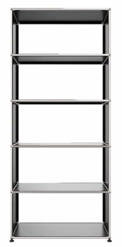 USM Haller Regal in Graphitschwarz mit fünf Fächern und verchromten Verbindungsrohren, modernes Design.