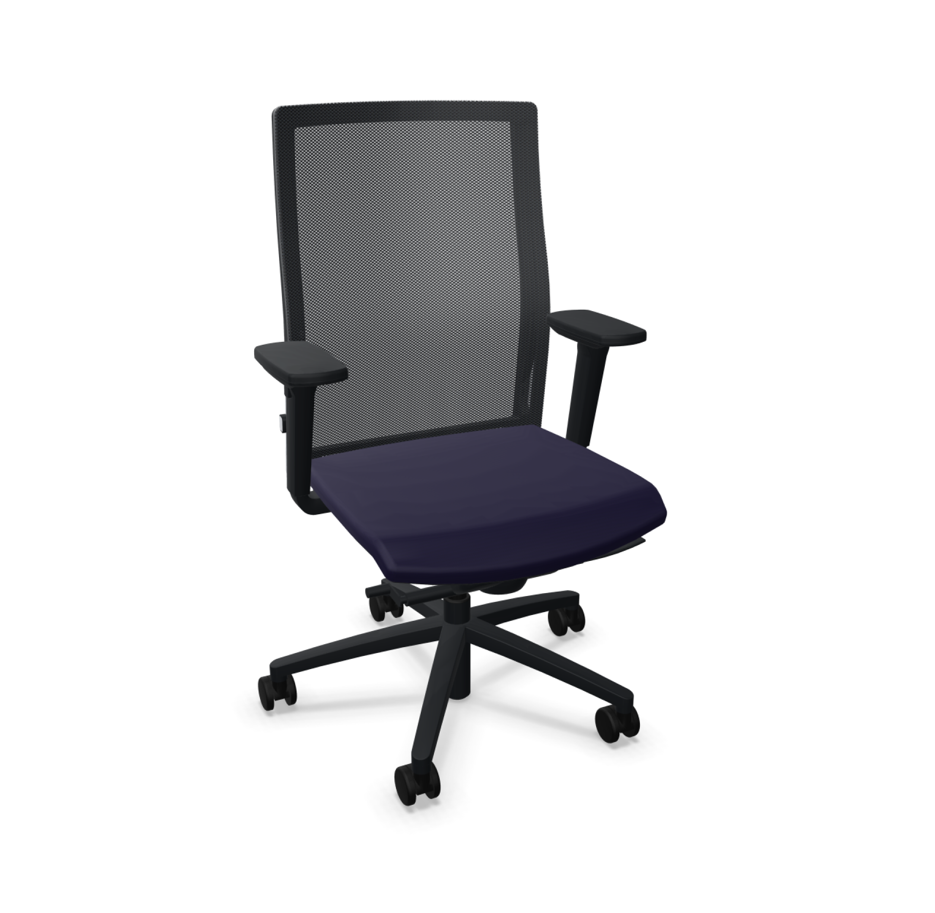 OKAY.II Drehstuhl von König+Neurath mit schwarzem Netzrücken, blauer Sitzfläche und schwarzen Armlehnen. Bürostuhl für ergonomisches Sitzen.